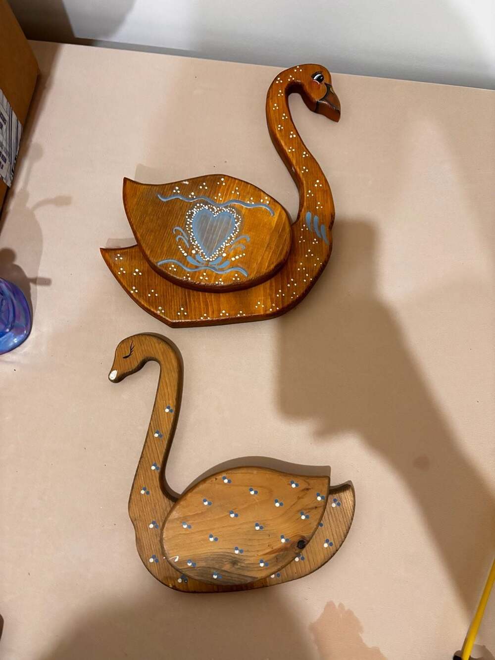 Vintage Hand Painted Wooden Swan Wall Pocket Note Holder Set of 2